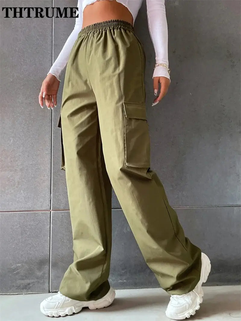 Vintage Streetwear Cargo Pants Fashion Women Solid Oversized Pocket High Waist Baggy Pant Casual Hip Hop Straight New