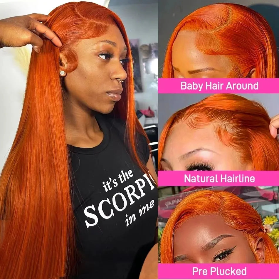 Ginger Orange Bone Straight 13x4 Lace Front Wigs Human Hair 30 Inch 13x6 HD Lace Frontal #350 Coloed Wigs Pre Plucked For Women