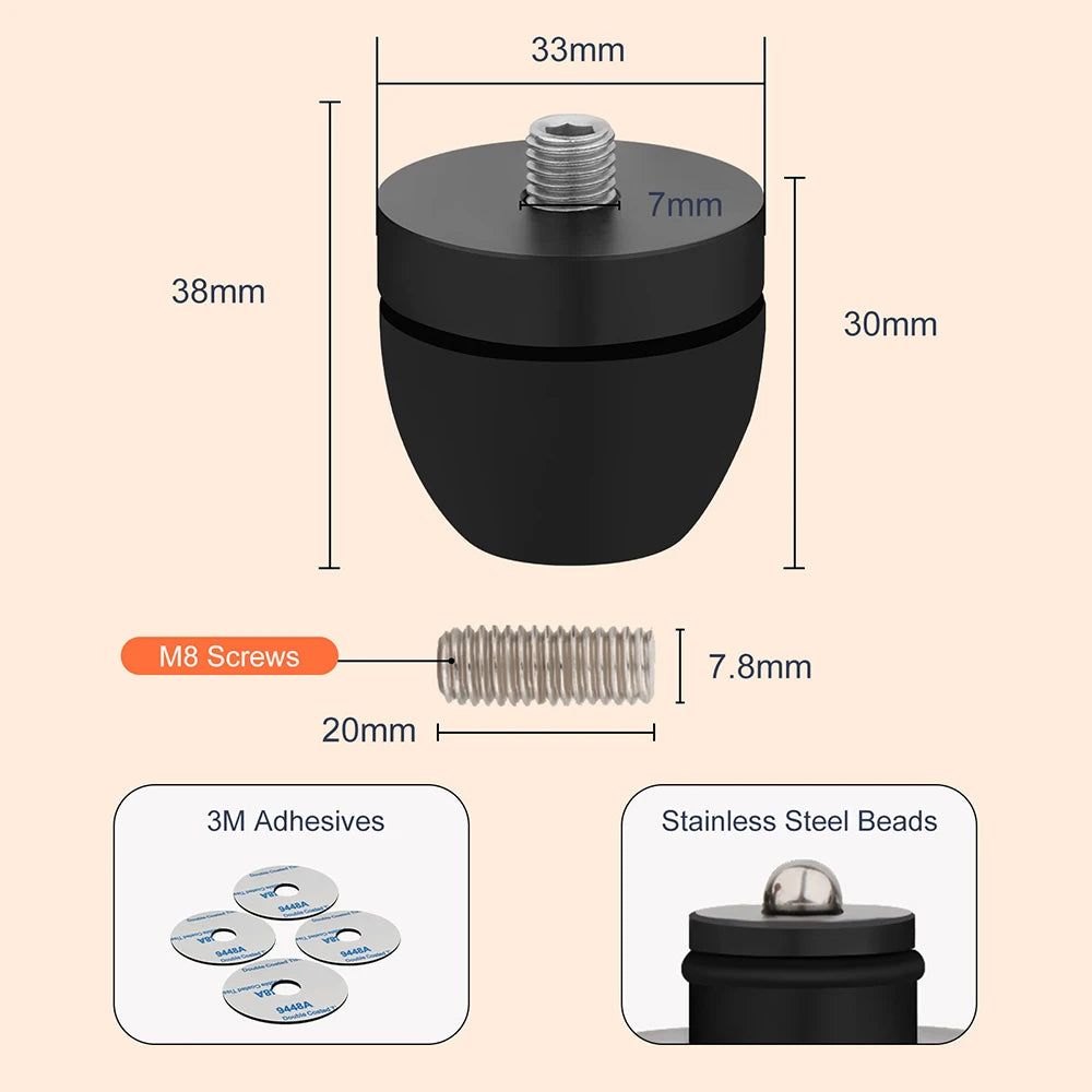 HiFi 4Pcs Amplifier Feet Aluminum Alloy Stainless Steel Ball with M8 Screw Shock Absorber Pad Feet Stands for Speakers 33*30MM