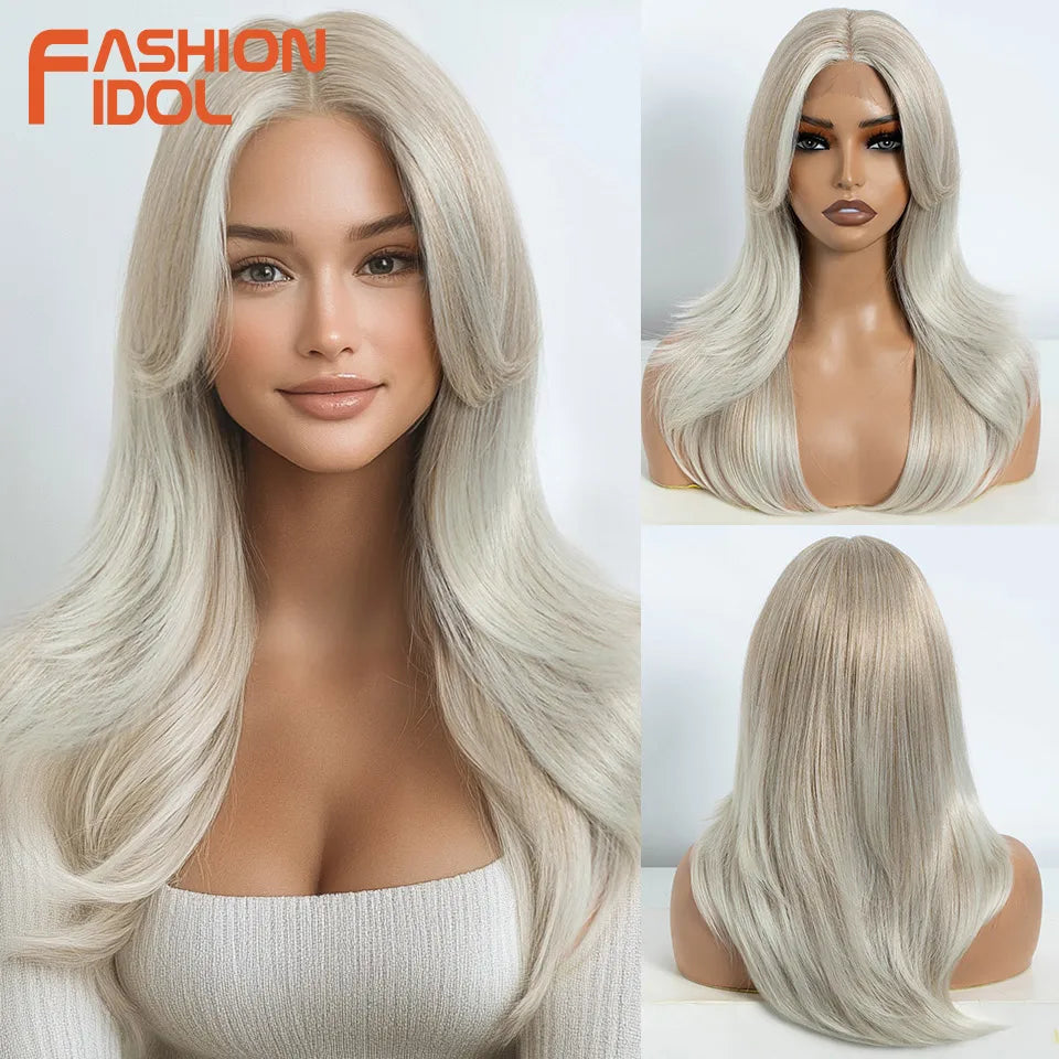 FASHION IDOL 20inch/50cm Straight Lace Front Wigs Synthetic With Baby Hair Wigs Ombre Blonde Body Wavy Highlight Cosplay Wigs