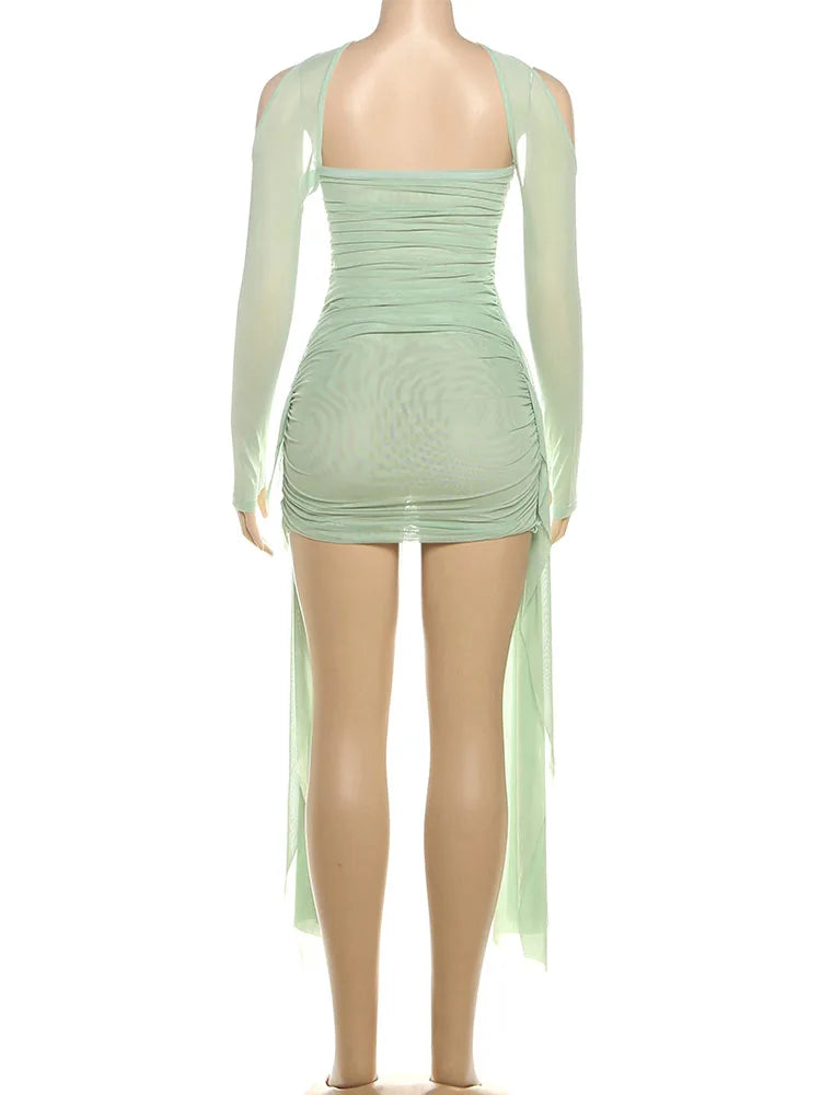 Nibber Summer Vacation Sexy See Through Dress+Shawl Women Ruched Side Ribbon Coquette Skinny Midnight Clubwear Party Bodycon