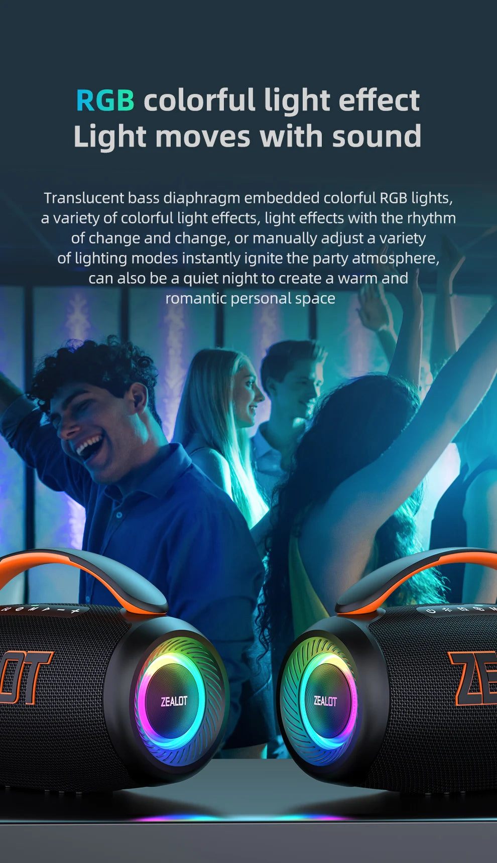 Zealot-P12 Speaker 60W Portable Bluetooth Speaker with IPX6 Waterproof, Comfortable handle,Controllable lighting,TF,USB