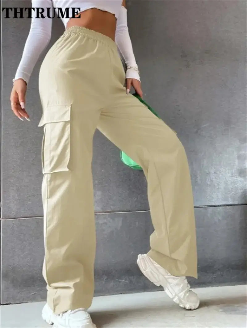 Vintage Streetwear Cargo Pants Fashion Women Solid Oversized Pocket High Waist Baggy Pant Casual Hip Hop Straight New