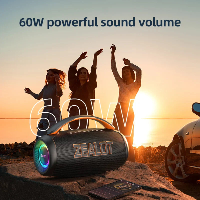 Zealot-P12 Speaker 60W Portable Bluetooth Speaker with IPX6 Waterproof, Comfortable handle,Controllable lighting,TF,USB