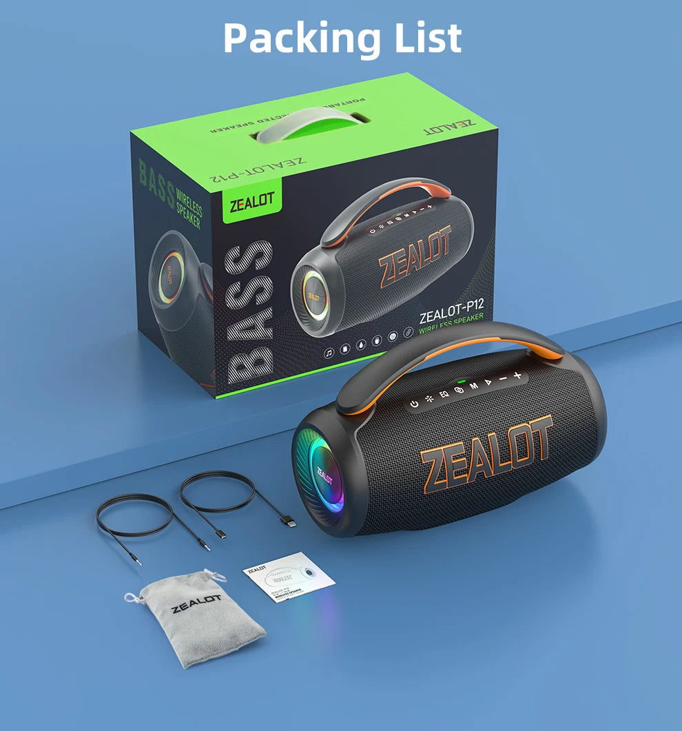 Zealot-P12 Speaker 60W Portable Bluetooth Speaker with IPX6 Waterproof, Comfortable handle,Controllable lighting,TF,USB