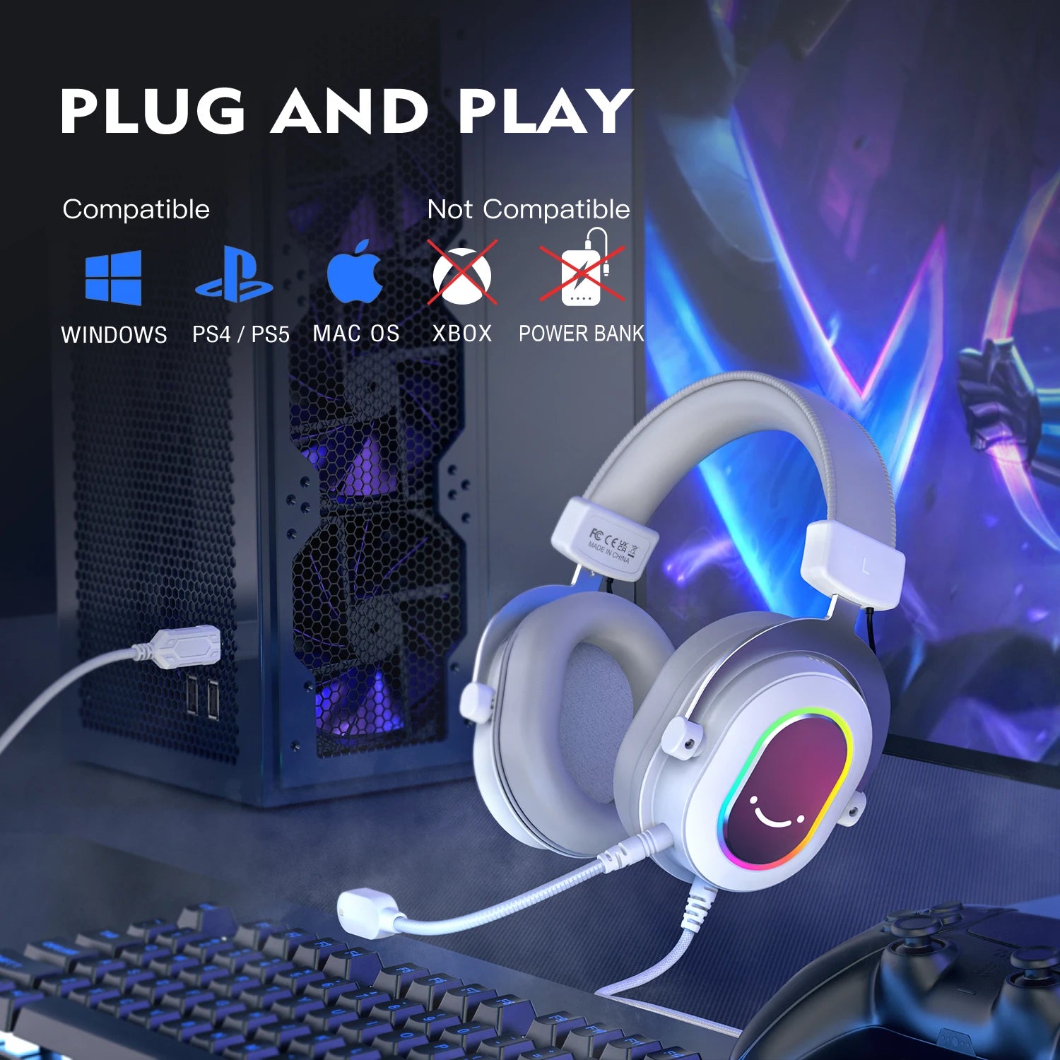 FIFINE RGB Gaming Headset with 7.1 Surround Sound/3-EQ/MIC,Over-ear Headphone with In-line Control for PC PS4 PS5 Ampligame-H6W