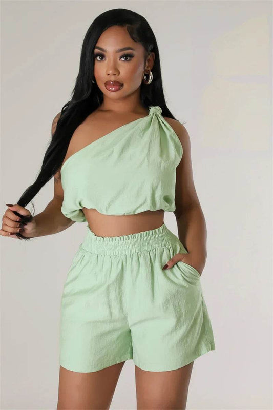 Solid Casual 2 Piece Set Woman Outfit Summer Clothes One Shoulder Draped Crop Top and Shorts Women Matching Sets Ensemble Short