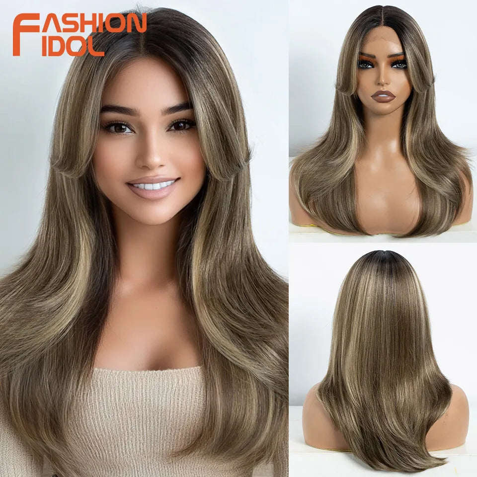 FASHION IDOL 20inch/50cm Straight Lace Front Wigs Synthetic With Baby Hair Wigs Ombre Blonde Body Wavy Highlight Cosplay Wigs