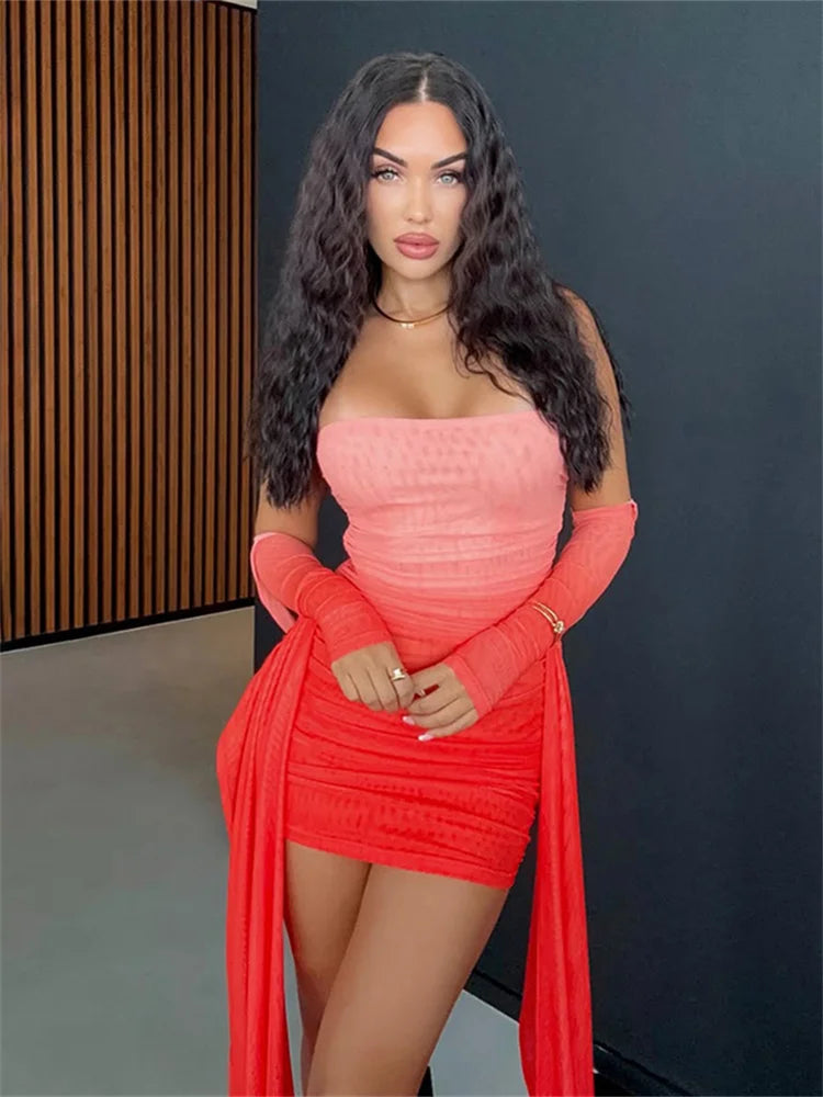 Nibber Summer Vacation Sexy See Through Dress+Shawl Women Ruched Side Ribbon Coquette Skinny Midnight Clubwear Party Bodycon