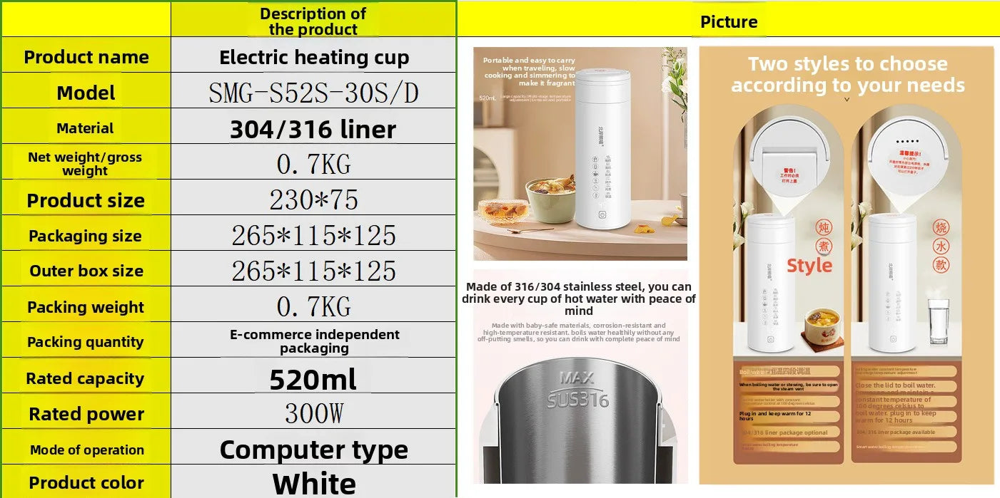 2026 New Boiling Cup 304/316 Stainless Steel Small Portable Boiling Water Stewing Health Cup Electric Heating Cup