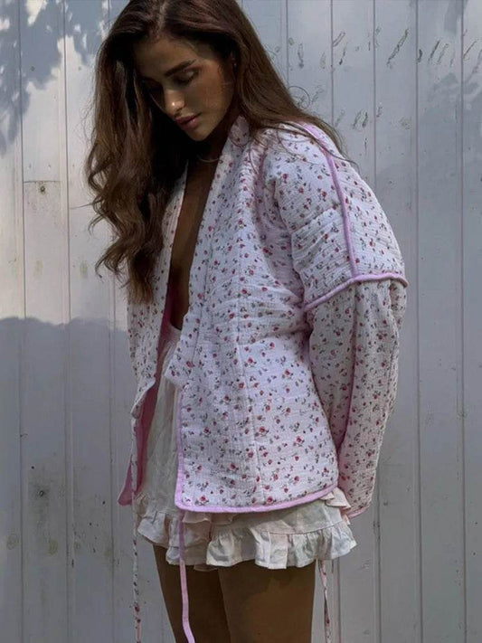 Floral Printed Women's Coat Lace up Solid Color Coat Casual Loose 2025 Early Spring Warm Coats Fashion New Ladies Outerwear