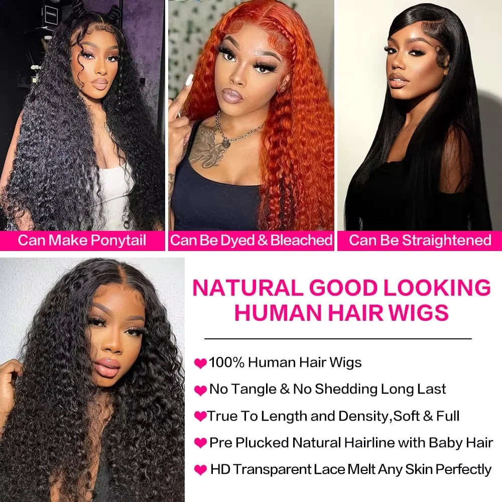 Deep Wave Wigs Human Hair 13x4 HD Transparent Lace 13x6 Full Frontal Wigs Natural color Curly Wigs For Women 220% Density