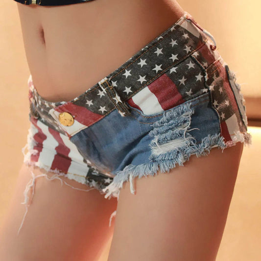Sexy Low Waist Jeans Shorts 2025 Summer Women New Fashion USA Flag Printed Denim Pole Dance Skinny Hot Hole Short Pants S-XXL