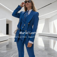 Elegant Blue Women's Suits Double Breasted 3 Piece Sets Jacket Pants Vest Female Clothing Slim Fit Smart Office Lady Blazer