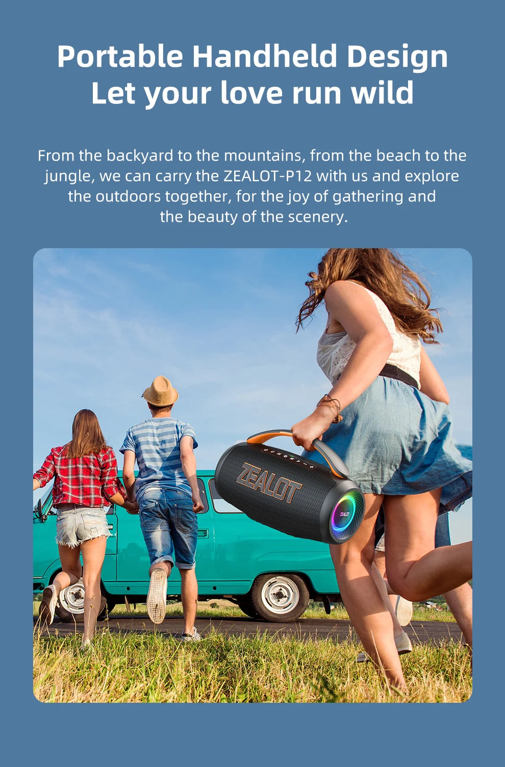 Zealot-P12 Speaker 60W Portable Bluetooth Speaker with IPX6 Waterproof, Comfortable handle,Controllable lighting,TF,USB