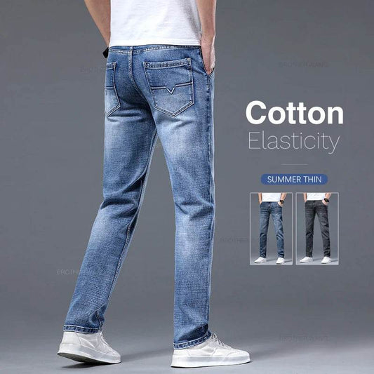 Classic Summer Men's Thin Stretch Fit Jeans Business Casual Slim Fit Denim Pants Soft Fabric High Quality Straight Leg Trousers