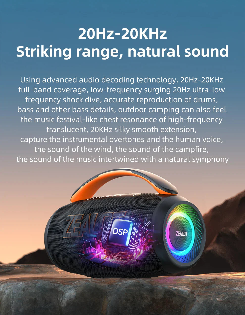 Zealot-P12 Speaker 60W Portable Bluetooth Speaker with IPX6 Waterproof, Comfortable handle,Controllable lighting,TF,USB