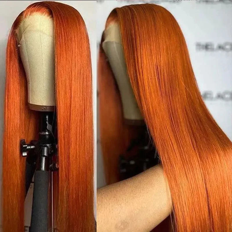 13x4 Lace Front Wig in Orange Ginger Straight 100% Human Hair Pre-Plucked Brazilian Lace Frontal Wig for Women 350 Colored