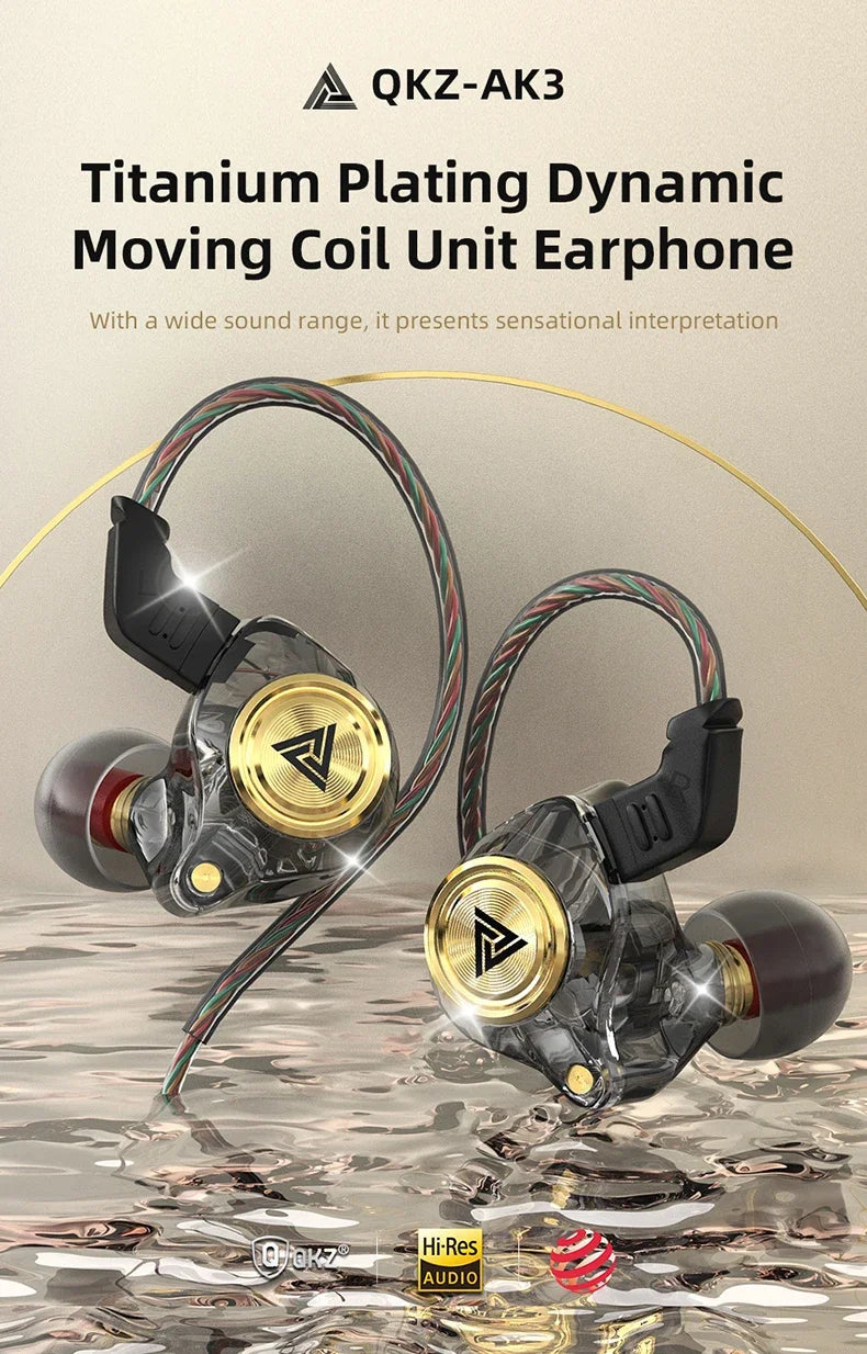QKZ AK3 FiLe Wired Earphone with Microphone HiFi Music Monitor Bass Headphones Noise Cancelling Headset For Sport Gaming Earbuds