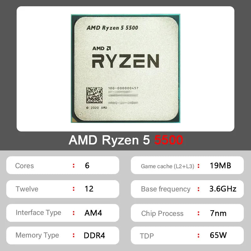 New AMD Ryzen 5 5500 R5 5500 3.6 GHz 6-Core 12-Thread CPU 7NM L3=16M 100-000000457 Socket AM4 but without cooler