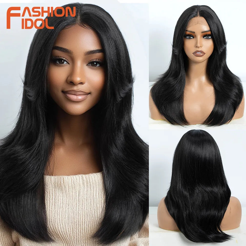 FASHION IDOL 20inch/50cm Straight Lace Front Wigs Synthetic With Baby Hair Wigs Ombre Blonde Body Wavy Highlight Cosplay Wigs