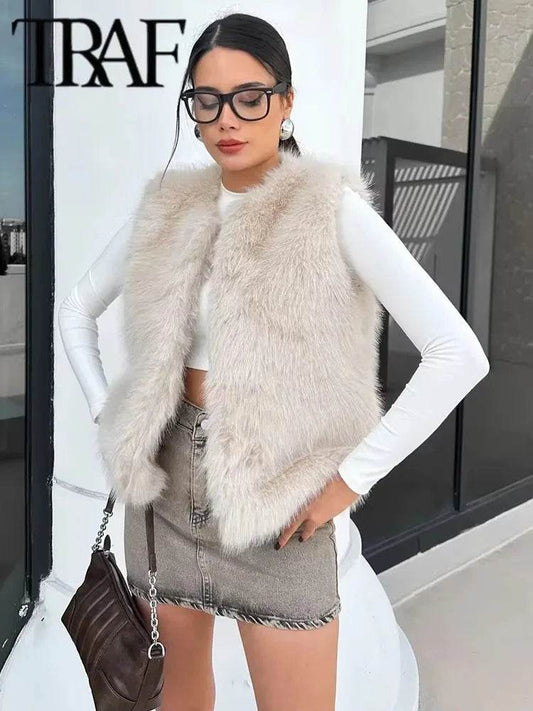 Women's Faux Fur Vest Jacket Autumn Winter Vintage Sleeveless Coat Fashion Women's Chic Warm O Neck Lady Chic Outwear