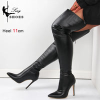 Trend 2024 Black Long Boots for Women Ladies Thigh High Pointed Toe Over-the-Knee Boots Patent Leather Large Size 46 Female Shoe