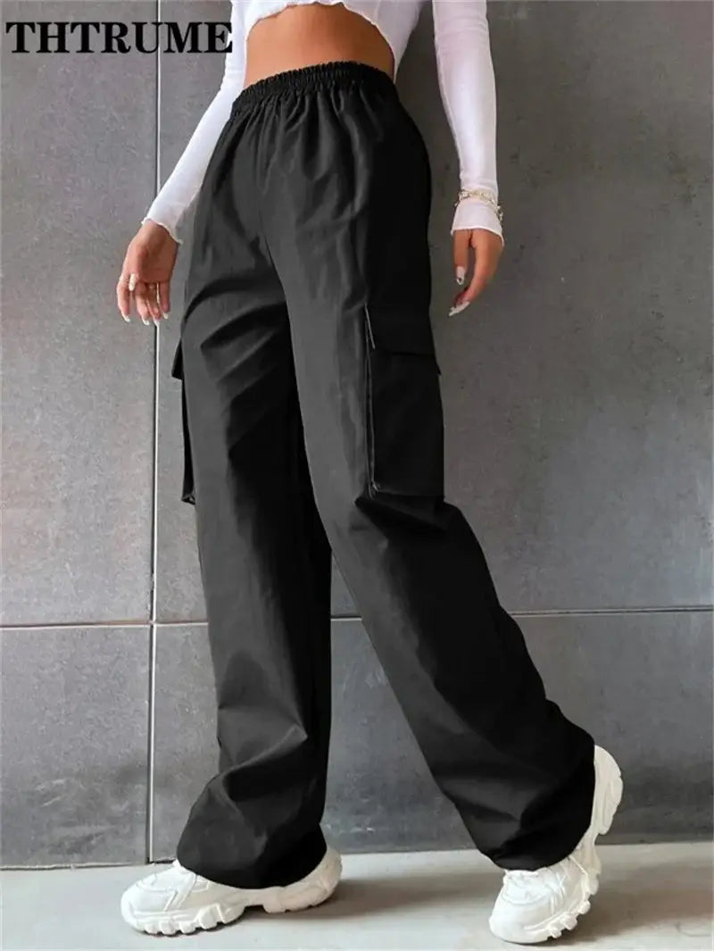 Vintage Streetwear Cargo Pants Fashion Women Solid Oversized Pocket High Waist Baggy Pant Casual Hip Hop Straight New