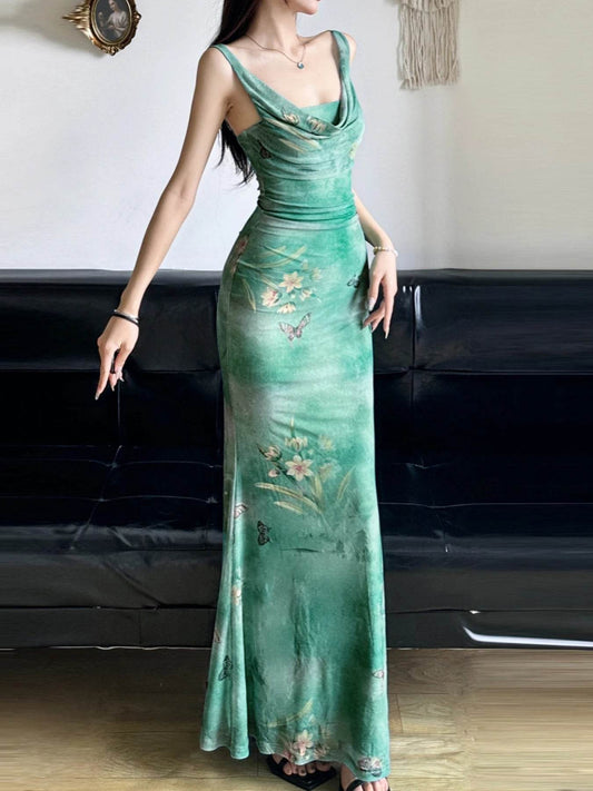 IAMSURE Holiday Floral Mesh Bodycon Dress Beach Style Folds Sleeveless Maxi Dresses For Women 2024 Summer Eleghant Fashion Lady