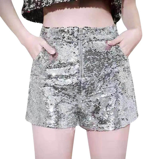 Sexy Women Glitter Sequin Shorts High Waist O-Ring Zip Skinny Shorts Party Club Festival Raves Pole Dance Short Pants шорты