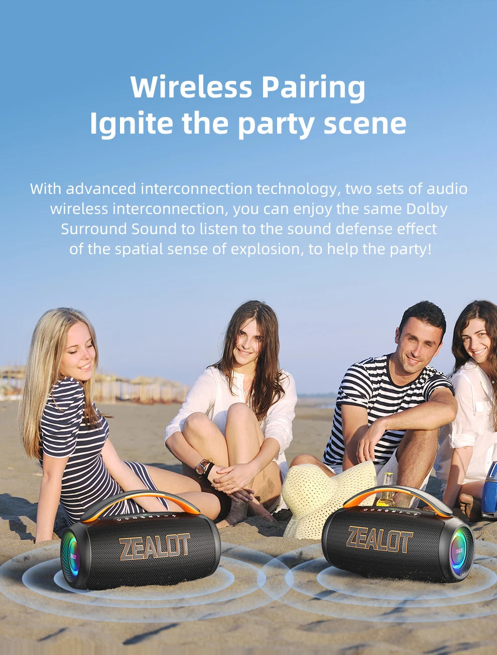 Zealot-P12 Speaker 60W Portable Bluetooth Speaker with IPX6 Waterproof, Comfortable handle,Controllable lighting,TF,USB