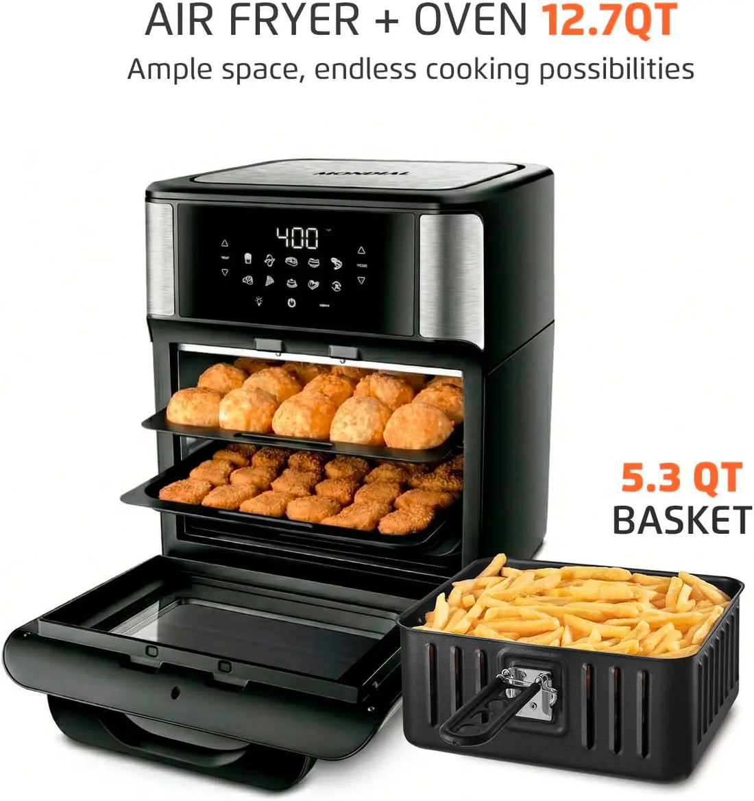 Kitchen Cooking with 1800W Air Fryer Oven, 12.7QT Capacity, Black & Stainless Steel, Touchscreen Panel, Automatic Shut-Off