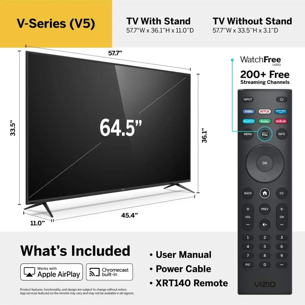 65 Inch 4K Smart TV, V-Series UHD LED HDR Teion with AirPlay and Chromecast Built-in