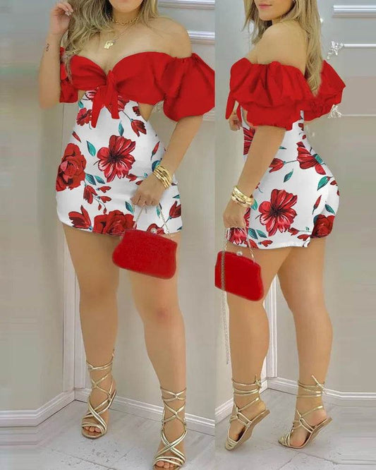 Women's Floral Print Romper Lantern Sleeve Off Shoulder Knotted Puff Sleeve Skinny Shorts Casual 1 Piece Holiday Fashion Summer