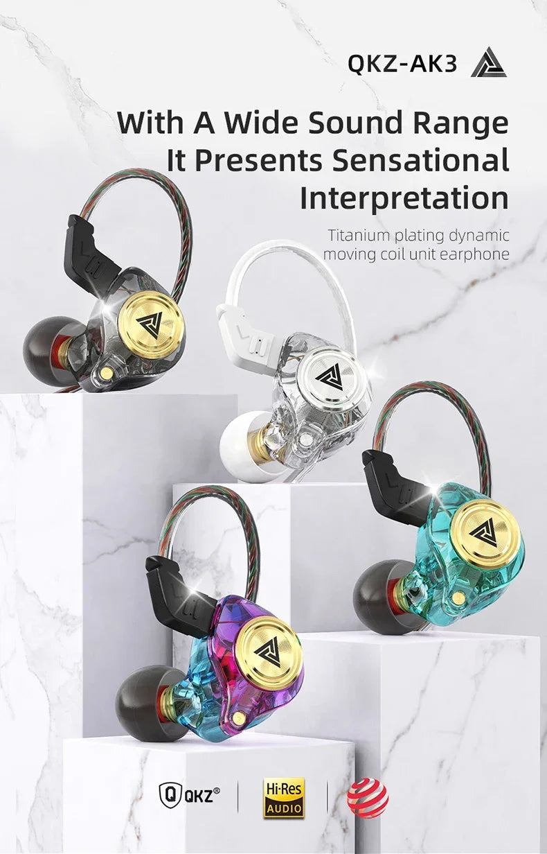 QKZ AK3 FiLe Wired Earphone with Microphone HiFi Music Monitor Bass Headphones Noise Cancelling Headset For Sport Gaming Earbuds