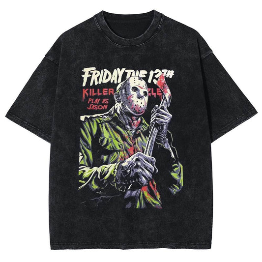 Vintage Washed Black T-shirt Harajuku Classic Friday The 13th Shirt Cotton DTG Printed Men's T-shirt Unisex Top Tees Couple Clot