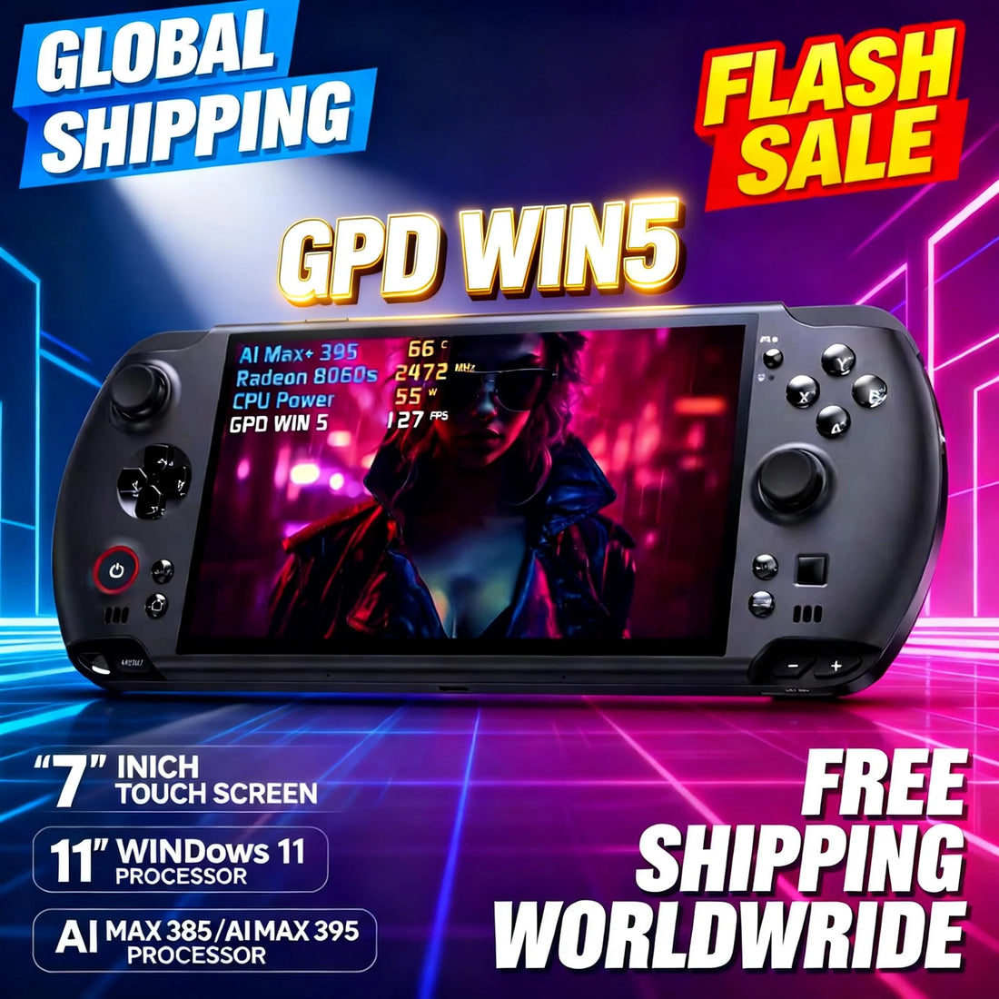 New GPD Win5 7" 120Hz 1080P LTPS Screen Handheld Gaming Console AMD395 M.2 2280 SSD Windows11 RGB Ergonomic Handheld Game Player