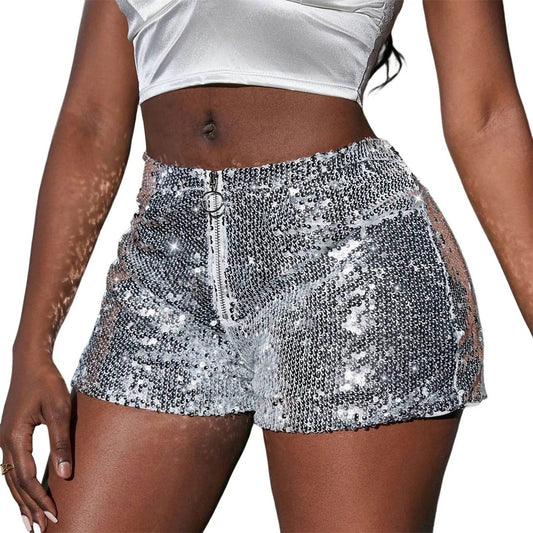 Womens Glitter Sequin Shorts Fashion Zipper Nightclub Pole Dancing Performance Party Short Pants Clubwear Sexy Sparkly Shorts