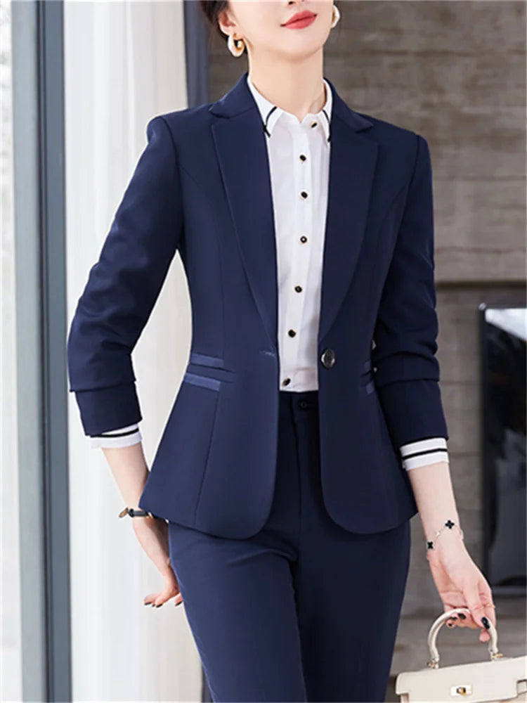 Yitimuceng Blue 2 Piece Sets Office Wear Women 2024 New Fashion Turn Down Collar Slim Single Button Blazers Chic Pant Suits
