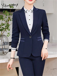 Yitimuceng Blue 2 Piece Sets Office Wear Women 2024 New Fashion Turn Down Collar Slim Single Button Blazers Chic Pant Suits