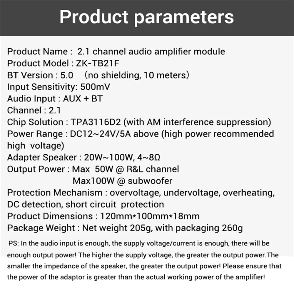 ZK-TB21 TPA3116D2 BT 5.0 Subwoofer Amplifier Board 50WX2+100W 2.1 Channel Power Audio Stereo Amplifier for subwoofer