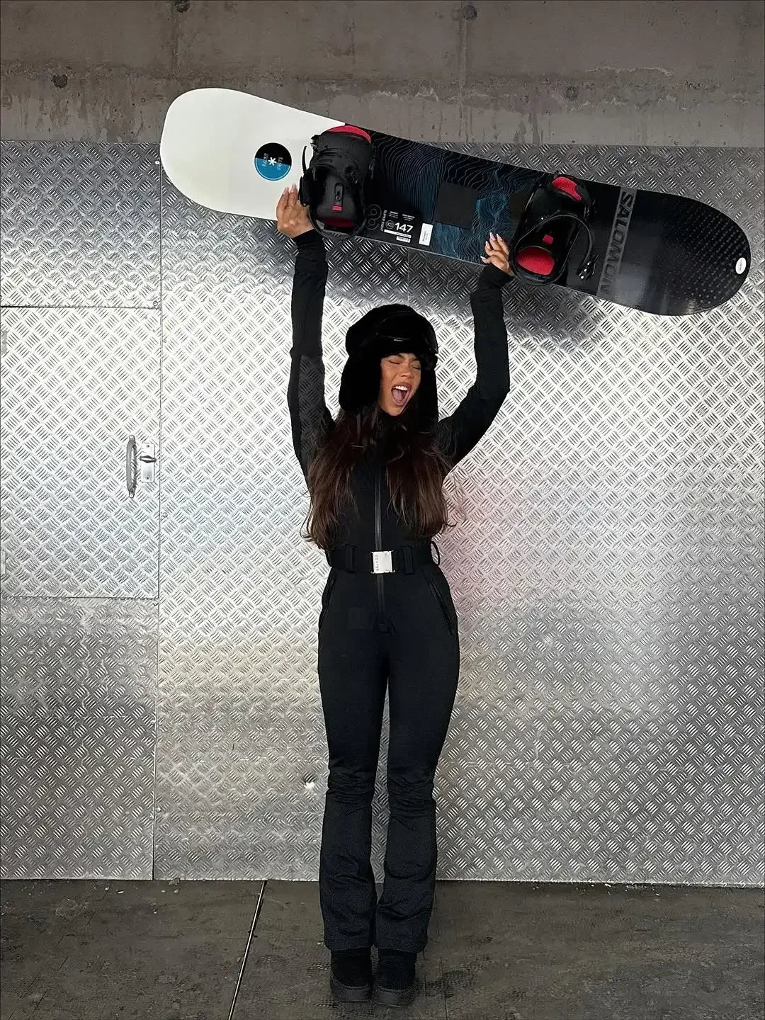 Fashion Women Slim Black Stand Collar Skiwear Chic Full Sleeve Waist Cinching High Waist Jumpsuits 2026 Lady Classic Bodysuit