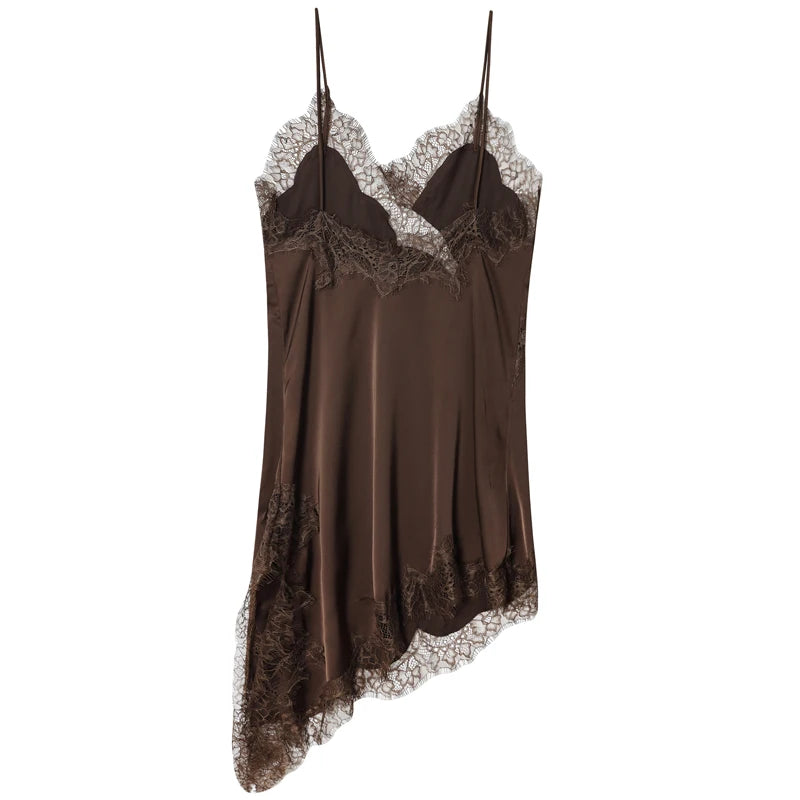 HXAO Womens Dresses Lace Asymmetric Slip Dress Summer 2025 Sexy Evening Dresses Ladies Mini Brown Sleeveless Backless Vestidos