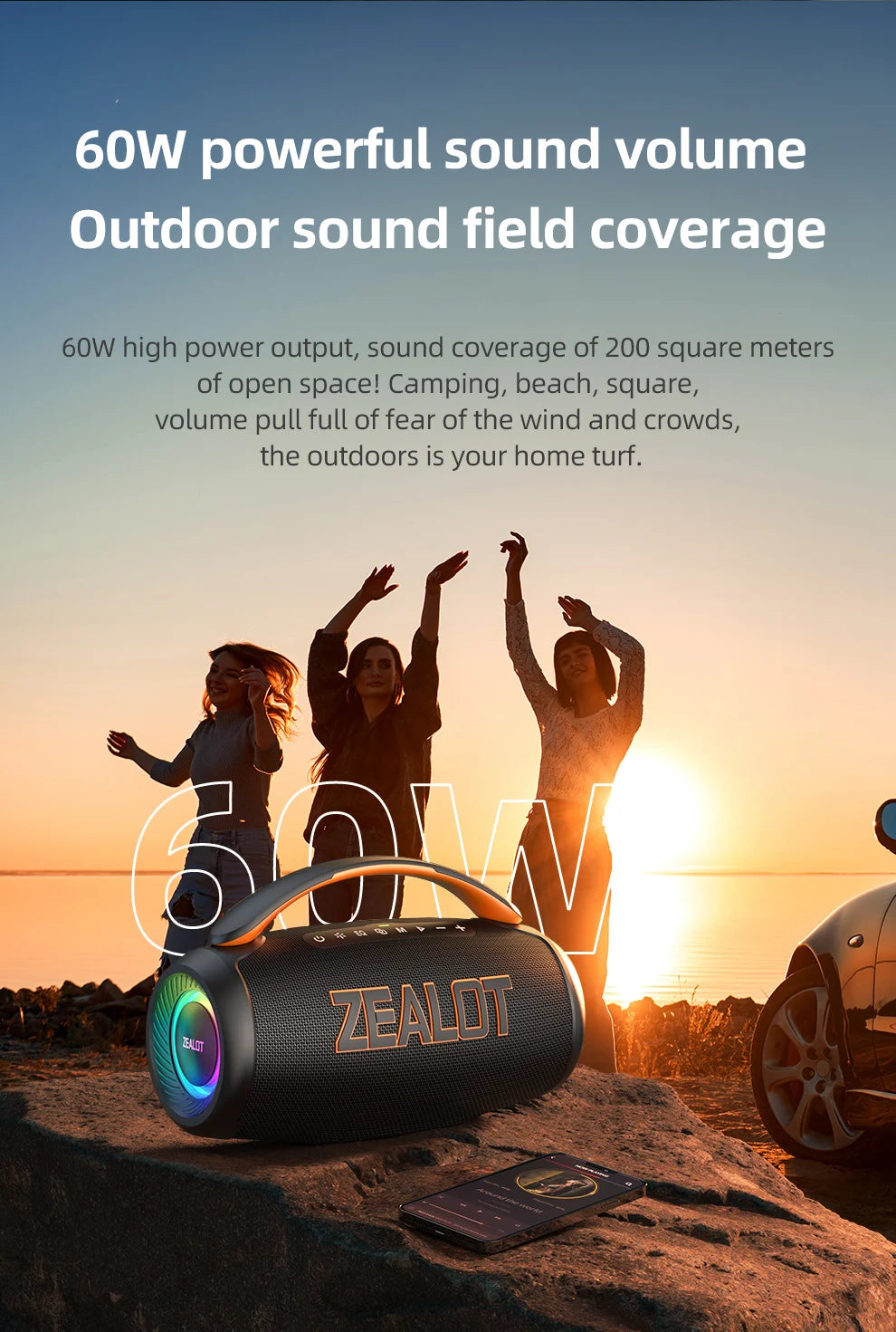 Zealot-P12 Speaker 60W Portable Bluetooth Speaker with IPX6 Waterproof, Comfortable handle,Controllable lighting,TF,USB