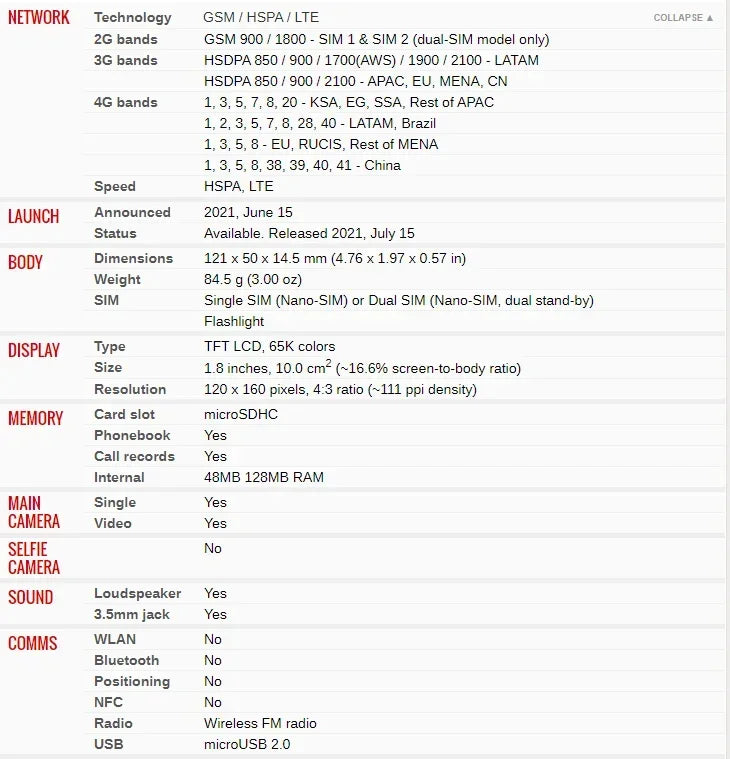 Finland Made Unlocked 110 (2021) 4G Version mobile phone with Hebrew Key 1.8 "Dual SIM 120x1601020 mAh Battery Used Phone