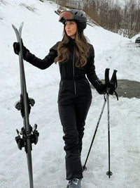 Fashion Women Slim Black Stand Collar Skiwear Chic Full Sleeve Waist Cinching High Waist Jumpsuits 2026 Lady Classic Bodysuit