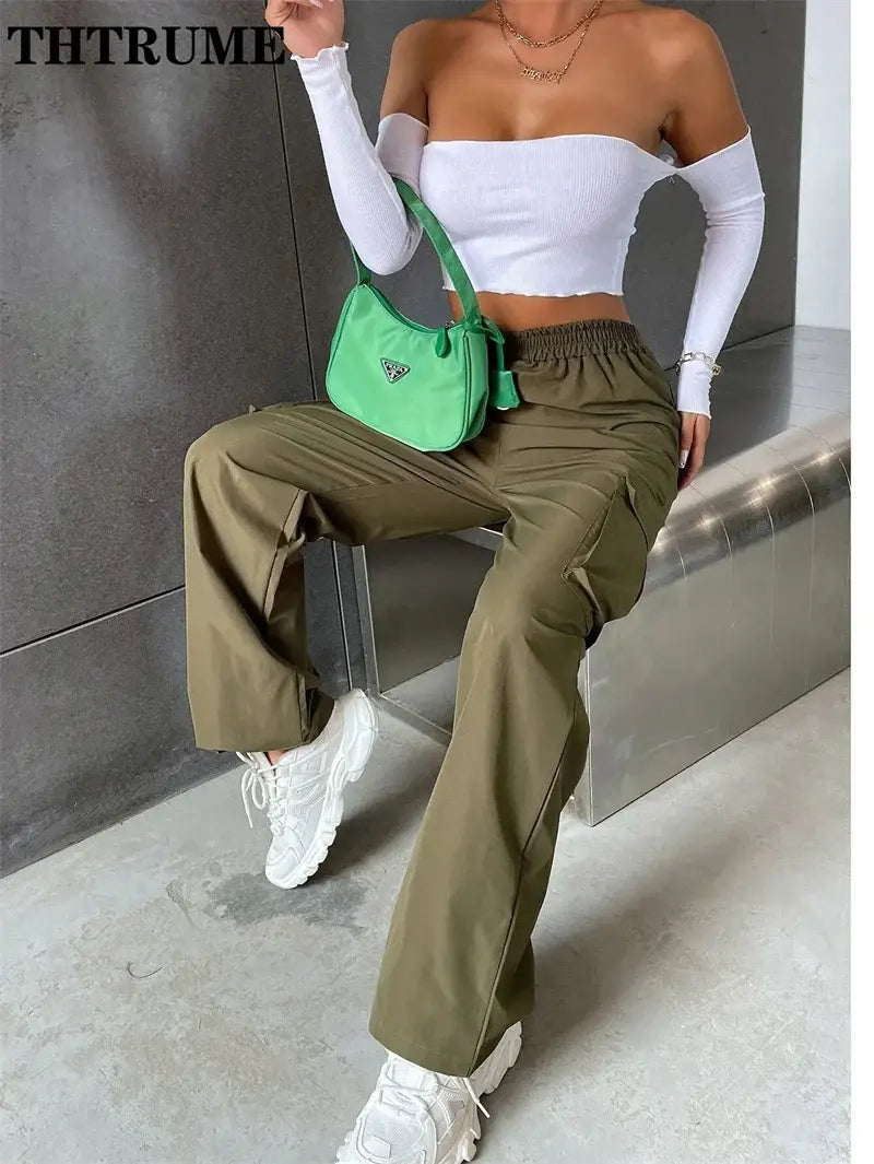Vintage Streetwear Cargo Pants Fashion Women Solid Oversized Pocket High Waist Baggy Pant Casual Hip Hop Straight New