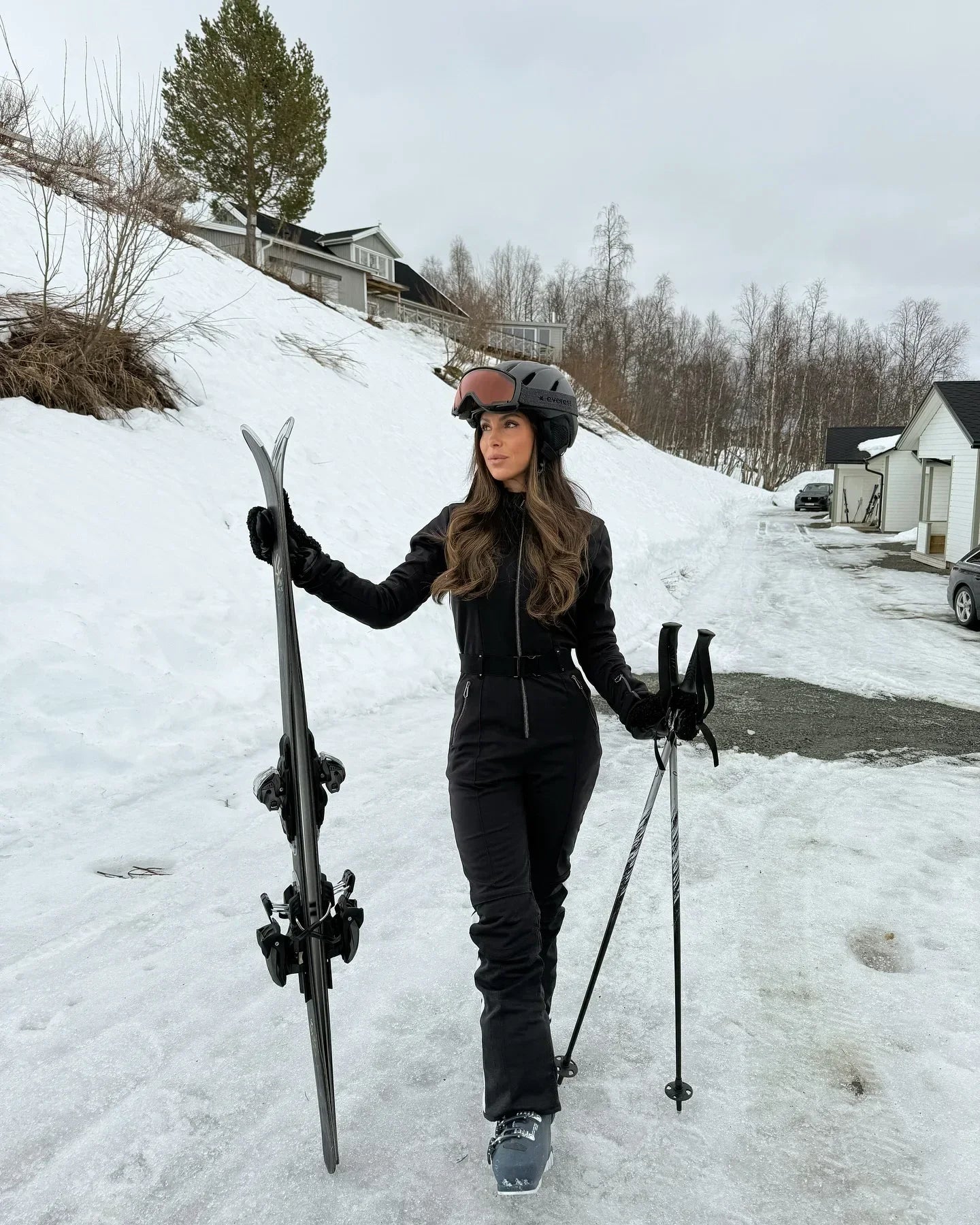 Fashion Women Slim Black Stand Collar Skiwear Chic Full Sleeve Waist Cinching High Waist Jumpsuits 2026 Lady Classic Bodysuit