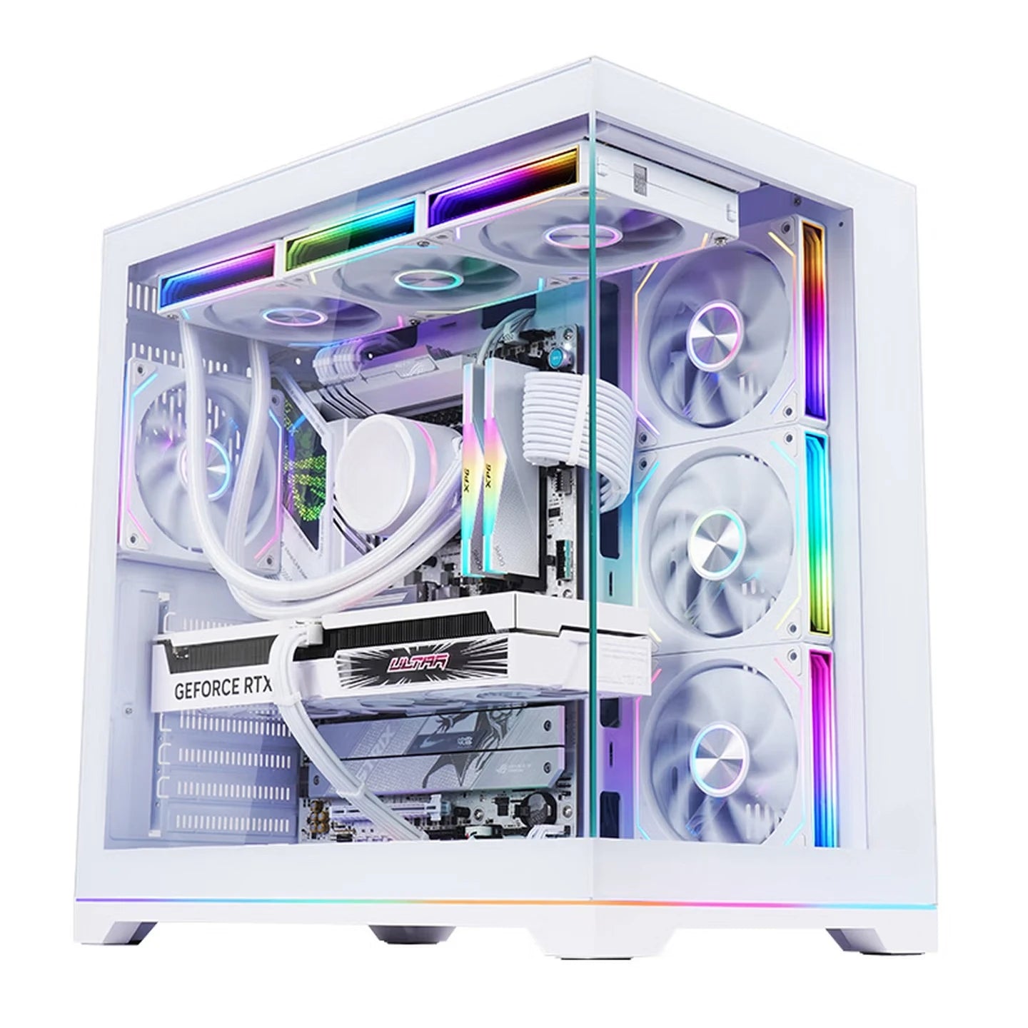 PLUS Rainbow Version White, Panoramic Version Sea View Room Computer Case (360 Water Cooling/ATX Main Board /ARGB Light Bar