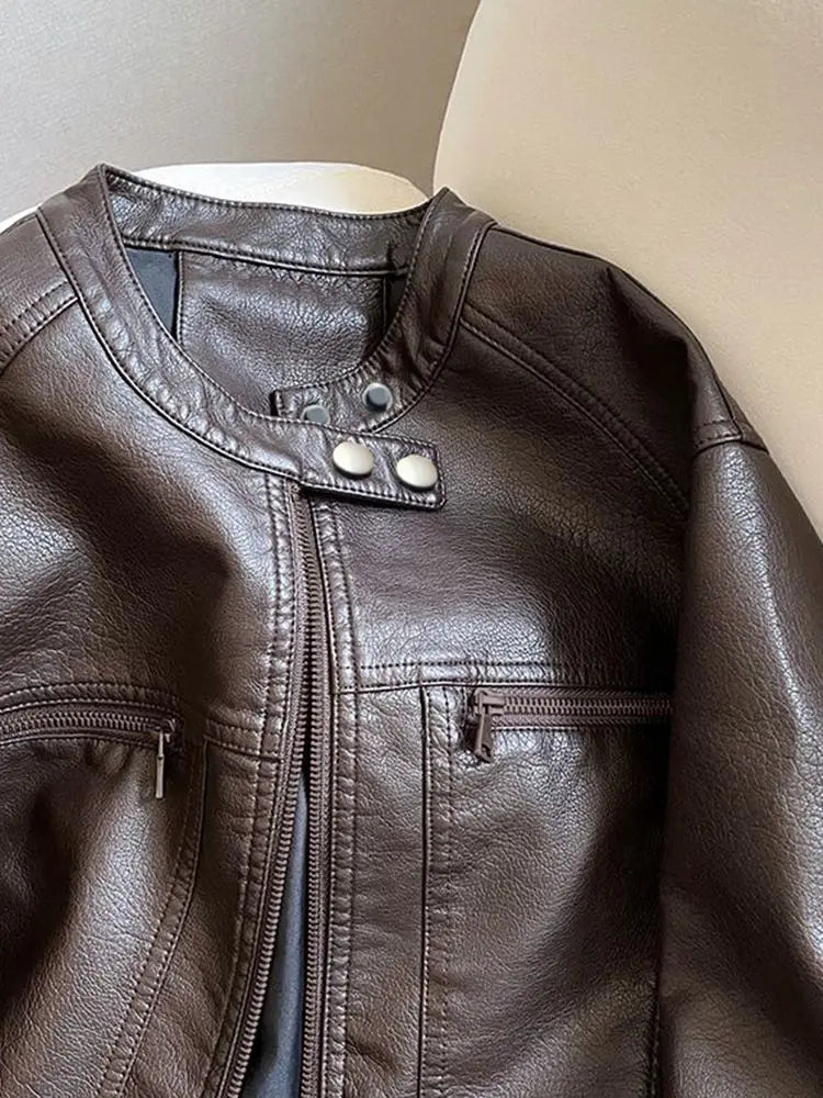 American Locomotive Clothing Short PU Leather Jacket Women's 2025 Spring And Autumn New Small Design Stand-Up Collar Jacket tide